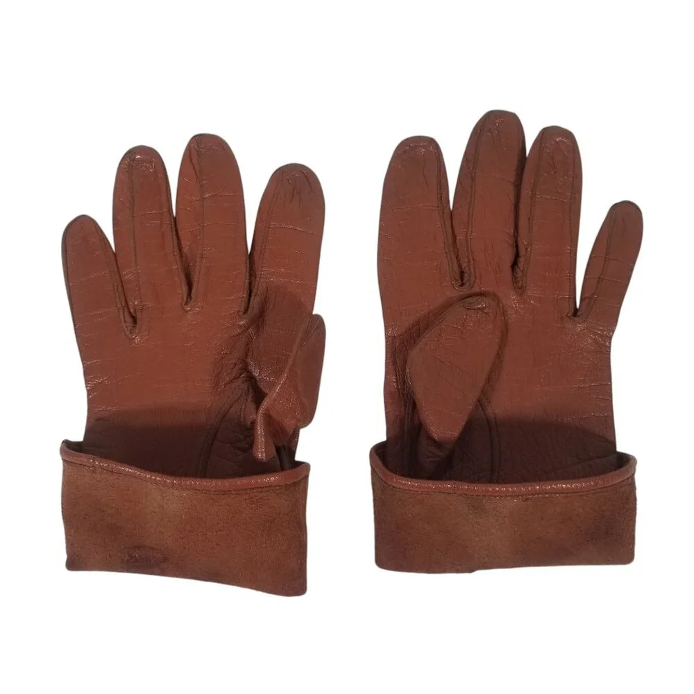 Vintage Leather Driving Gloves Soft Amber Kid Wrist Length Size 7